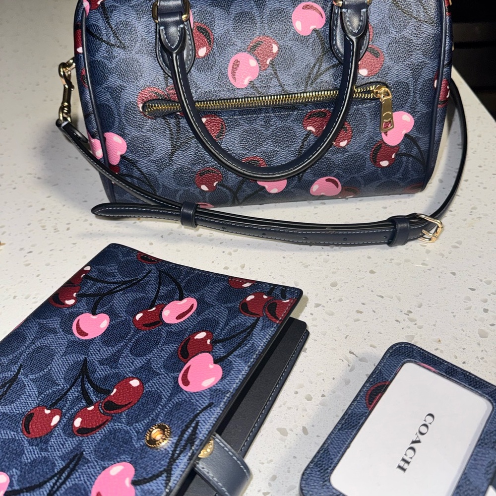 Coach Cherry Print Satchel in Navy and Pink Medium Rowen Notebook & Wallet - Picture 3 of 10